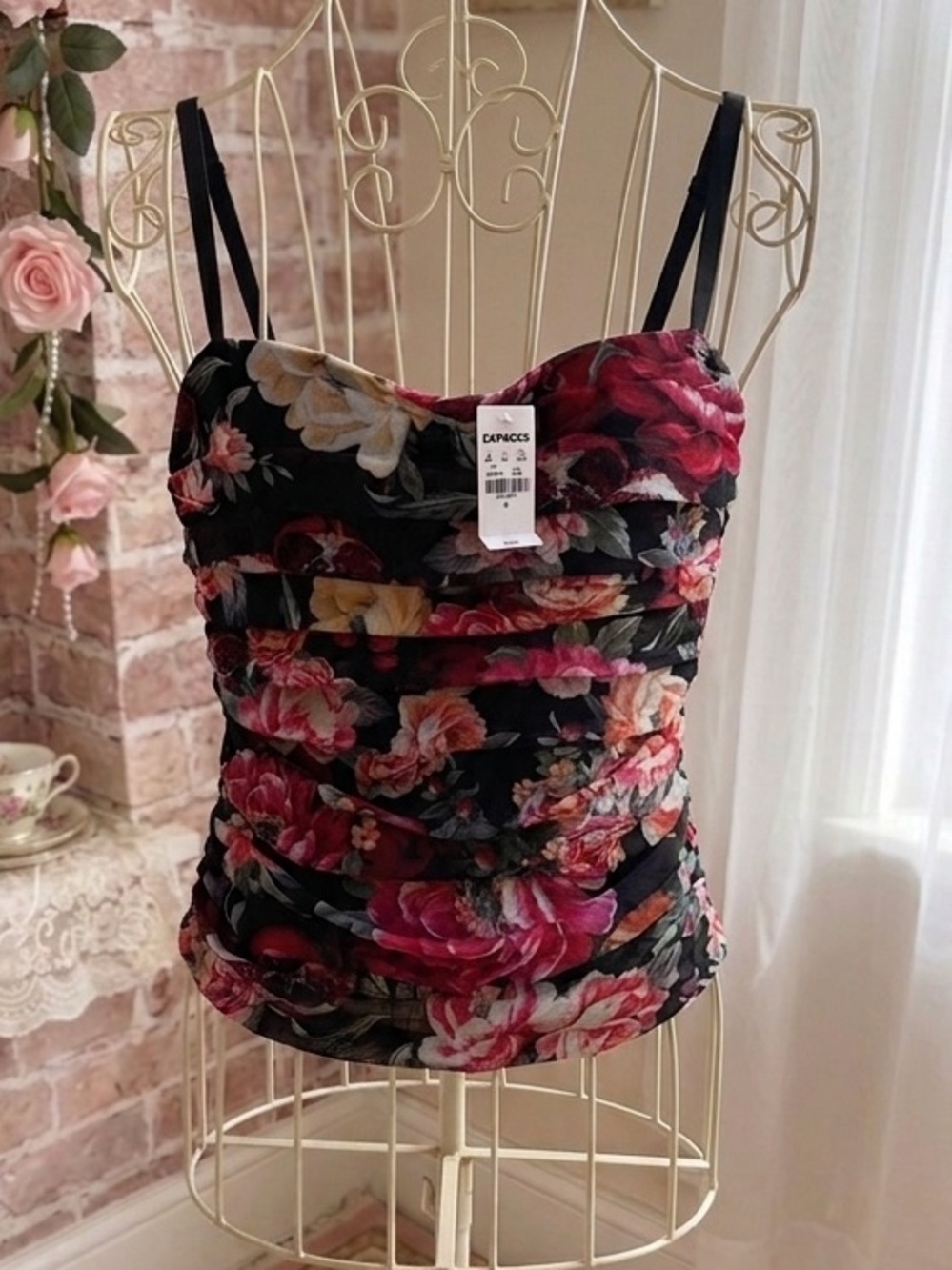 New Express M body contour bustier Black Floral Ruched Cami Top with Red & Pink